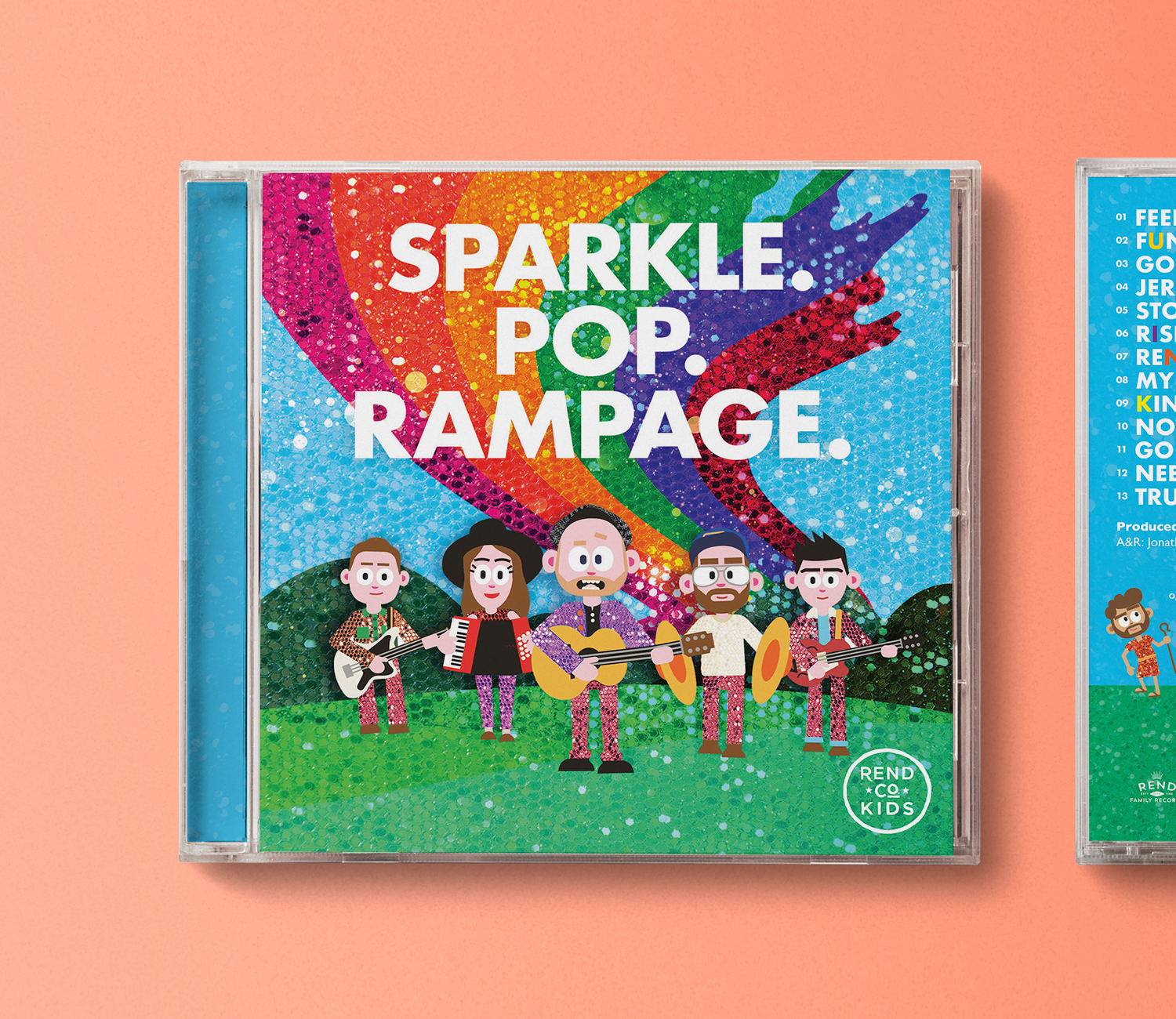 five illustrated band members holding instruments and standing under a sparkly rainbow