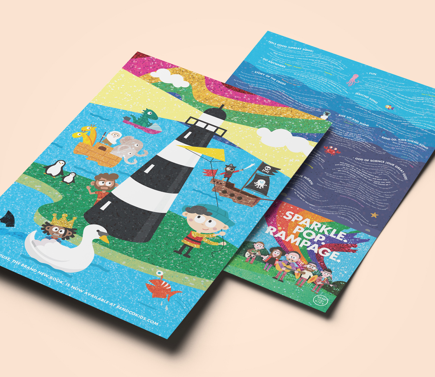 a lighthouse on the back of the cd packaging with fun, illustrated characters huddled around