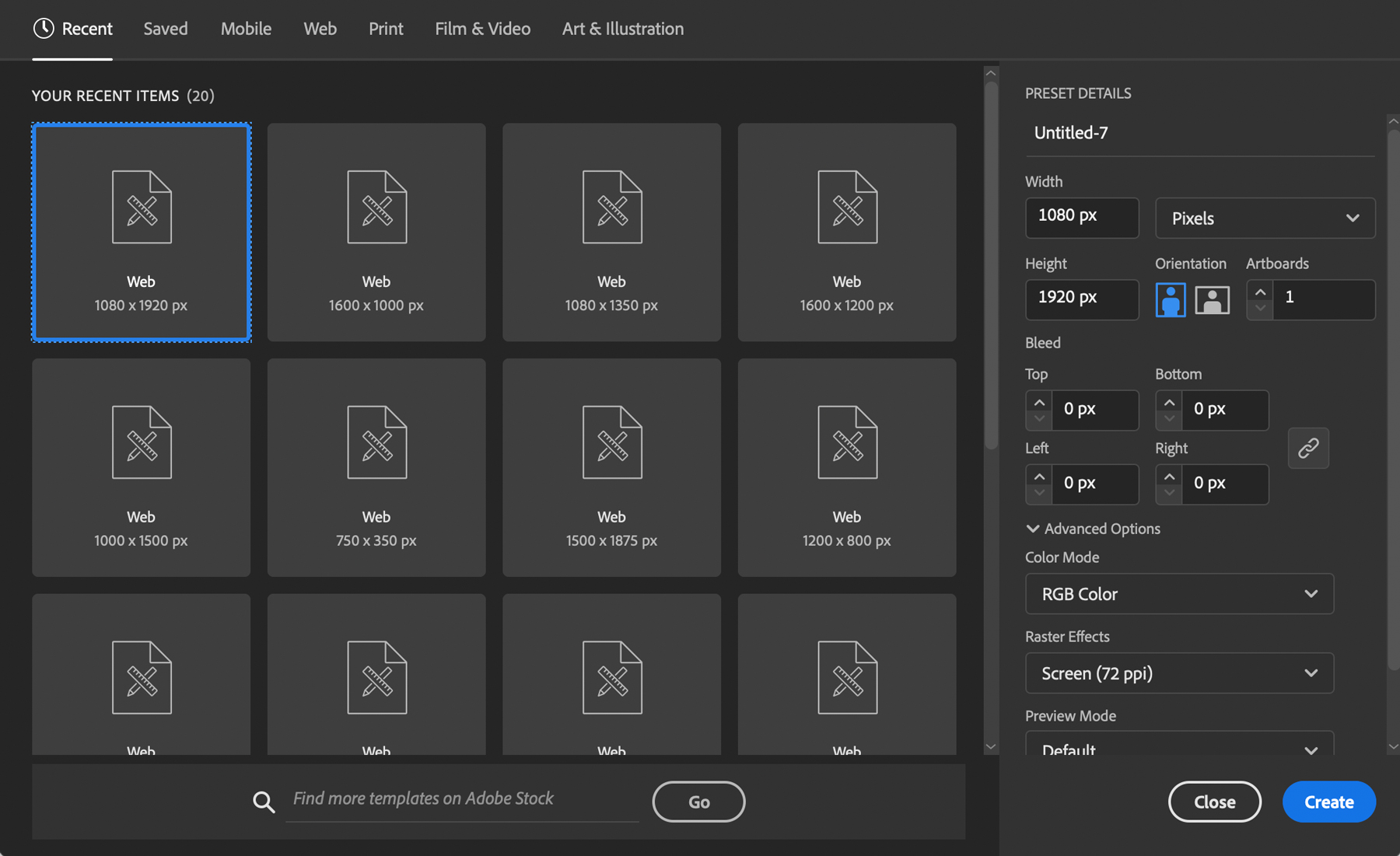 illustrator screen with various document sizes