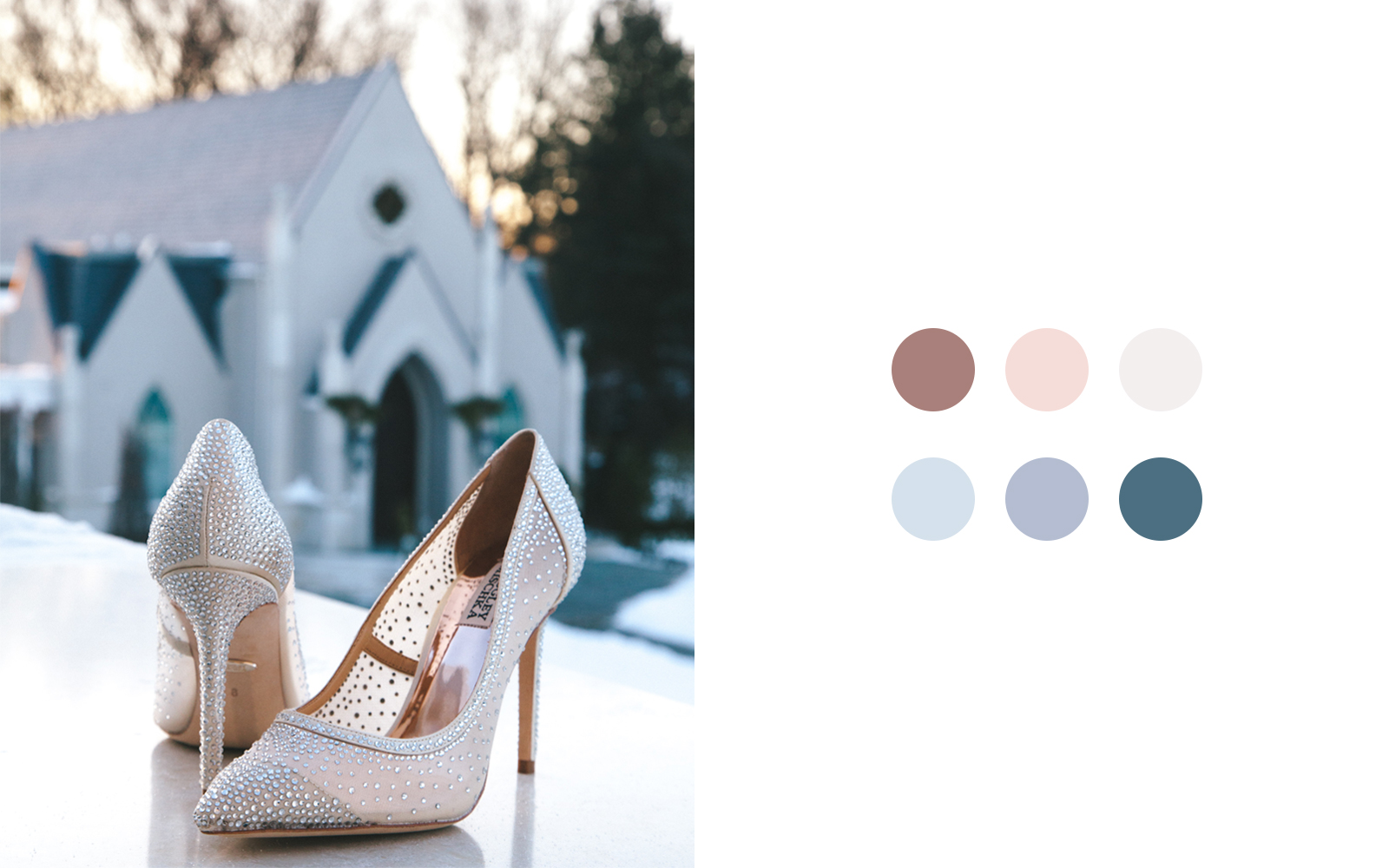 Color palette shown next to an image of wedding shoes in front of a chapel.