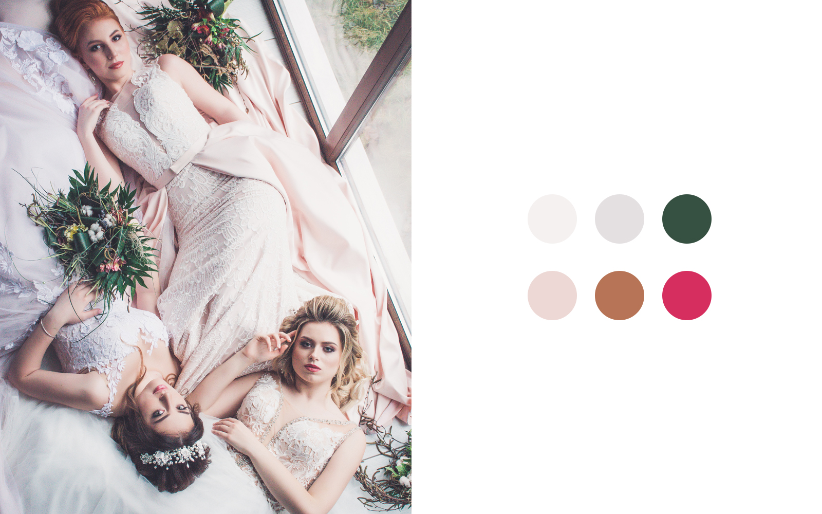 Color palette of three brides in white wedding dresses laying together.
