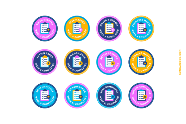 Set of Weekly Tasks Completed Course Badges created by Sung & Co