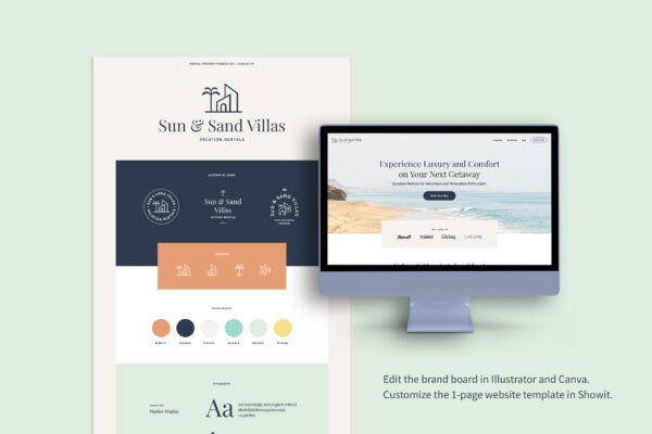 Brand board and website template mockup included in the Sun and Sand Villas Template.