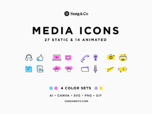 A detailed showcase of the media icons presented in 4 color sets: blue, pink, purple, and yellow. Each icon is outlined and can be scaled to any size, perfect for use in creative projects like websites, presentations, and marketing materials. Available in AI, Canva, SVG, PNG, and GIF formats.