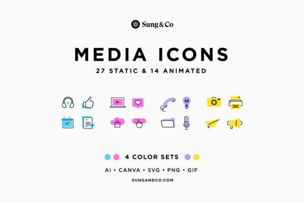 A detailed showcase of the media icons presented in 4 color sets: blue, pink, purple, and yellow. Each icon is outlined and can be scaled to any size, perfect for use in creative projects like websites, presentations, and marketing materials. Available in AI, Canva, SVG, PNG, and GIF formats.