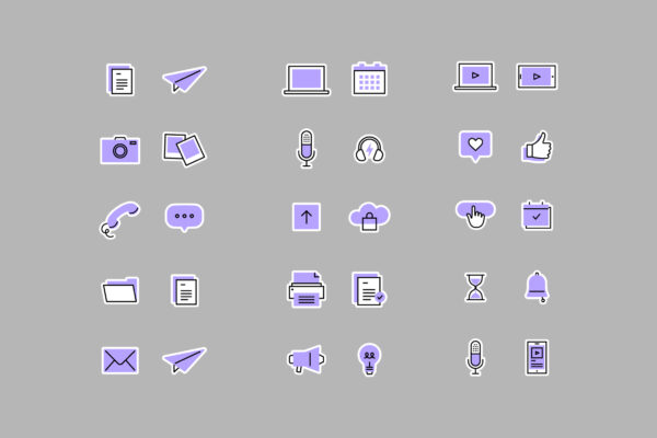 A preview of the media icon set showing purple, outlined icons on a gray background. The icons include a phone, headset, heart, document, megaphone, lightbulb, and various other media-related symbols. The icons are available in static and animated versions with customizable colors.