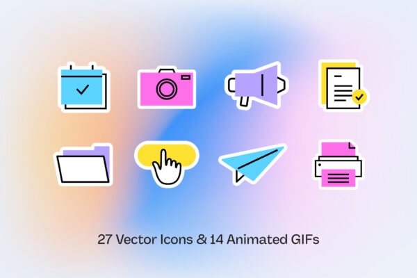 A collection of bright, playful vector icons and animated GIFs on a pastel gradient background. The icons include a blue calendar with a checkmark, a pink camera, a purple megaphone, a yellow document with a checkmark, a yellow button with a pointing hand, a blue paper airplane, a purple folder, and a pink printer. The text at the bottom reads "27 Vector Icons & 14 Animated GIFs." The icons have bold outlines with white borders, giving them a sticker-like effect.