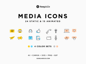 Our collection of Media Icons includes 24 customizable static and 15 animated icons.