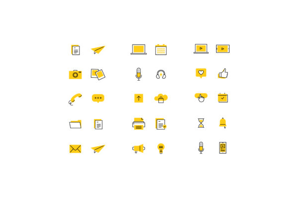 Our Media Icons include 24 static icons and comes in four color sets: yellow, blue, pink, and grey.