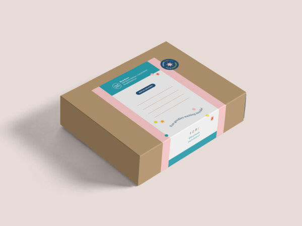Shipping packaging label template placed on a kraft colored box.