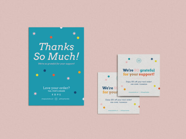 A teal-colored Thank You Packaging Label placed besides 2 Thank You Packaging Stickers
