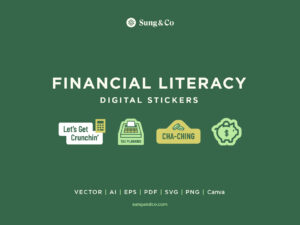 Preview image of a digital sticker set for financial literacy, featuring colorful green designs like bar charts, cash, and goal trackers in a fun style.