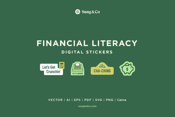 Preview image of a digital sticker set for financial literacy, featuring colorful green designs like bar charts, cash, and goal trackers in a fun style.