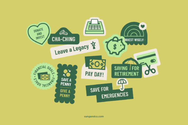 Cover photo displaying a variety of green-themed financial stickers, such as calculators, piggy banks, and financial goal icons, promoting fun financial planning.