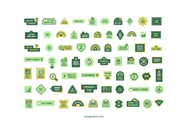 Cover photo of Financial Literacy Digital Sticker Set featuring over 60 green-hued stickers with playful icons of piggy banks, coins, and dollar signs.