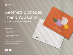 A promotional display featuring a geometric shapes thank you card template. The card has a modern design with various geometric shapes in pastel colors, including pink, yellow, green, and lavender, set against an orange background with the text "Thank You" at the bottom. The display also includes details such as file formats (Illustrator and Canva templates) and size (5.5" x 4.25").