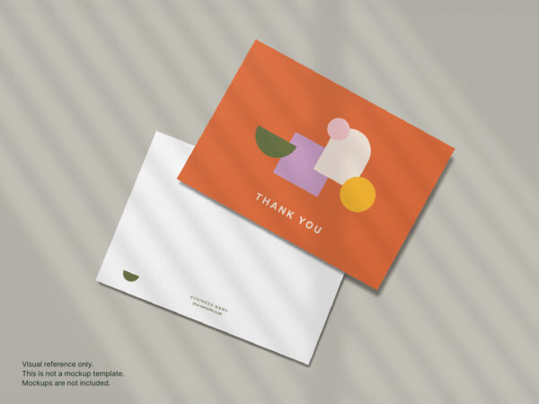 Two flat geometric thank you cards shown from front and back. The front of the card features a minimalist design with colorful geometric shapes on an orange background and "Thank You" written in white. The back of the card is white with subtle geometric accents and space for a business name and website.