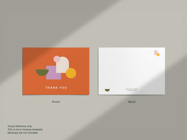 Front and back views of a geometric shapes thank you card. The front of the card shows vibrant shapes on an orange background, while the back of the card is minimalistic, with a small geometric design, space for a business name, and a website address.