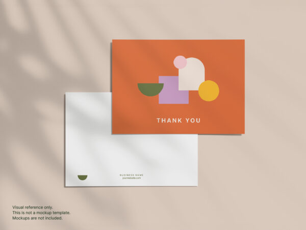 A flat geometric thank you card displayed front and back on a light-colored surface. The front has colorful geometric shapes on an orange background with the text "Thank You," and the back is white with minimal geometric accents and space for a business name and website.