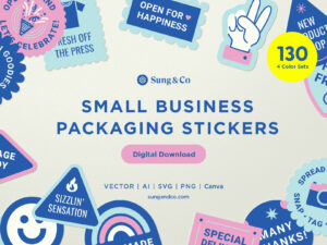 "Small Business Packaging Stickers" by Sung & Co, featuring colorful, playful sticker designs with messages like "Open for Happiness" and "Package of Joy." It highlights 130 stickers in 4 color sets, available in vector formats (AI, SVG, PNG) as a digital download. The design is fun and creative, aimed at adding personality to small business packaging.