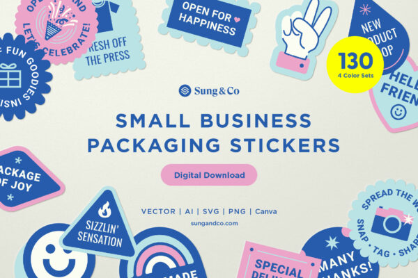 "Small Business Packaging Stickers" by Sung & Co, featuring colorful, playful sticker designs with messages like "Open for Happiness" and "Package of Joy." It highlights 130 stickers in 4 color sets, available in vector formats (AI, SVG, PNG) as a digital download. The design is fun and creative, aimed at adding personality to small business packaging.