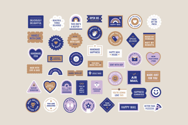 A collection of small business packaging stickers featuring fun phrases like "Handle With Care" and "Handmade Goodness" in blue, purple, and beige tones with playful icons.