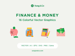 Flat-style finance and money illustrations including a piggy bank, coin jar, calculator with pencil, and envelope with cash. Colorful vector graphics suitable for budgeting, financial planning, and business use.