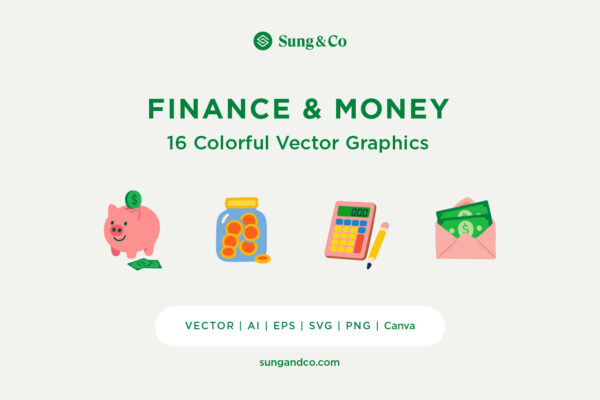 Flat-style finance and money illustrations including a piggy bank, coin jar, calculator with pencil, and envelope with cash. Colorful vector graphics suitable for budgeting, financial planning, and business use.
