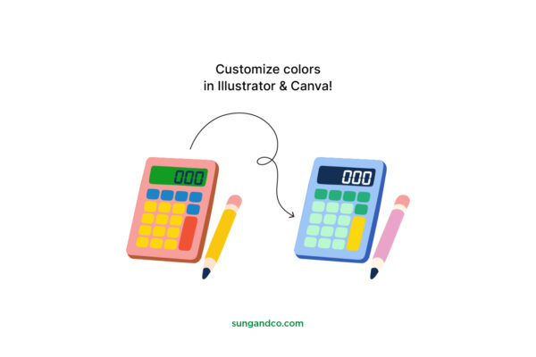 Editable finance illustration showing two colorful calculators and pencils with an arrow indicating customizable colors in Illustrator and Canva. Ideal for budgeting and financial projects.