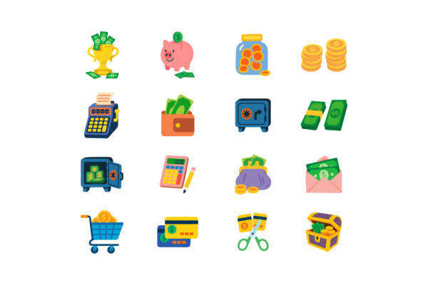 Set of 16 colorful finance and money vector illustrations, including icons of a piggy bank, cash, calculator, coins, credit cards, wallet, safe, receipt machine, and money bag. Ideal for budgeting, financial planning, and small business graphics.