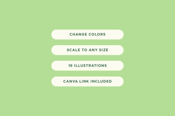 Feature list for a finance and money illustration set on a green background, highlighting changeable colors, scalable vector graphics, 16 included illustrations, and a Canva link for easy customization.